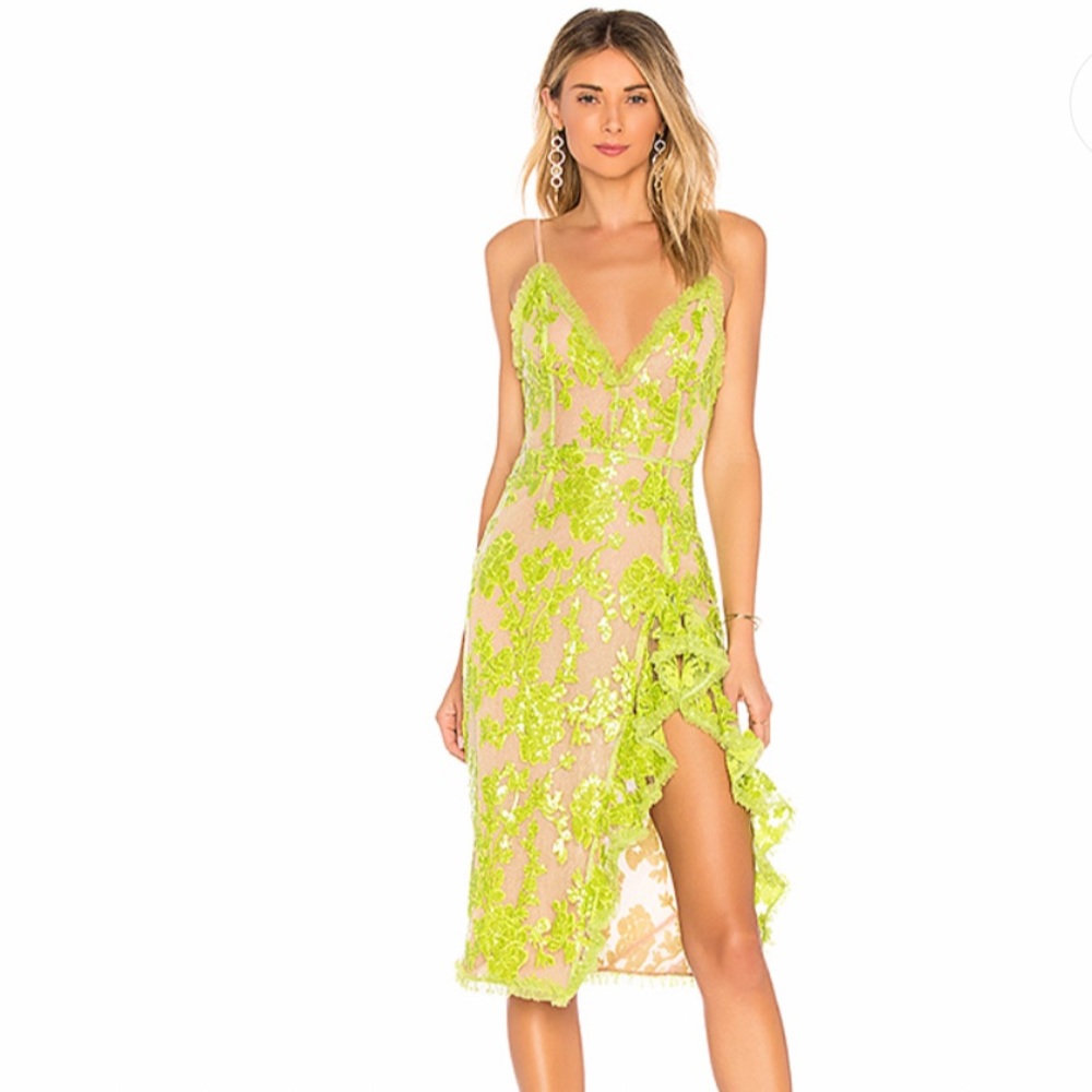 Revolve NBD Lace and Sequin Nude & Lime Green Dress. Worn once. Like new.